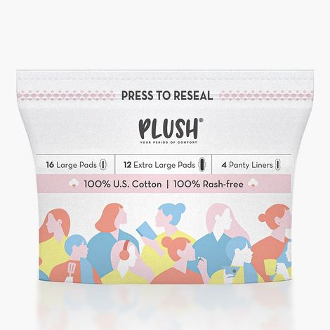 Buy Plush 28 Ultra-Thin Sanitary Pads For Women | 100% U.S. Cotton Sanitary Napkins | 12XL + 16L + 4 Panty Liners For Rash Free Periods-Purplle