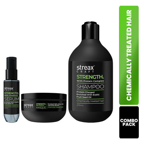 Buy Streax Craft Strength Hair Care Routine (Craft Strength Shampoo-275ml + Craft Strength Masque-200ml + Craft Strength Hair Serum-100ml) - Combo of 3-Purplle