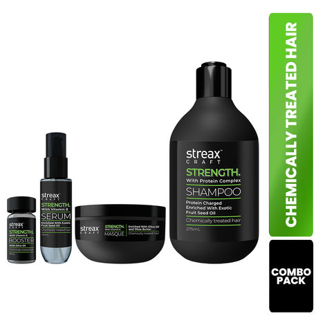 Buy Streax Craft Strength Damage Control Combo (Craft Strength Shampoo-275ml + Craft Strength Masque-200ml + Craft Strength Hair Serum-100ml + Strength Booster Pack of 4-10ml*4) - Combo of 4-Purplle