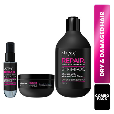 Buy Streax Craft Repair Hair Care Routine (Craft Repair Shampoo-275ml + Craft Repair Masque-200ml + Craft Repair Hair Serum-100ml) - Combo of 3-Purplle
