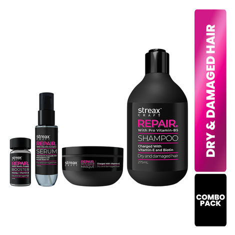 Buy Streax Craft Repair and Revive Combo (Craft Repair Shampoo-275ml + Craft Repair Masque-200ml + Craft Repair Hair Serum-100ml + Repair Booster Pack of 4-10ml*4) - Combo of 4-Purplle