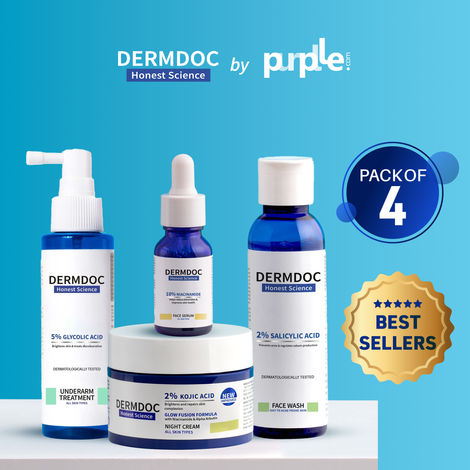 Buy DERMDOC Combo Kit of Best-Sellers | 10% Niacinamide Serum (15 ml) | 5% Glycolic Acid Underarm Brightening Spray (100 ml) | 2% Kojic Acid Night Cream (50 gm) | 2% Salicylic Acid Face Wash (120 ml) | Value Pack - Combo of 4-Purplle