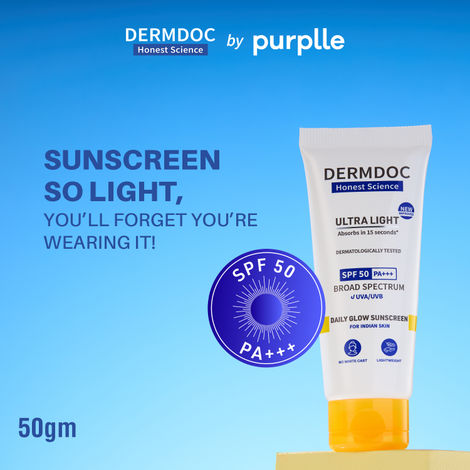 Buy DERMDOC SPF 50 Ultra Light Daily Glow Sunscreen (50 gm) | PA+++ | Sunblock | Lightweight | Non-Greasy | 0 White Cast | Non-Comedogenic-Purplle