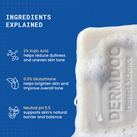 DERMDOC by Purplle 2% Kojic Acid and 0.5% Glutathione Cleansing Bar (75g  each) Pack of 3 | Brightening | Gentle Cleansing Action | Sensitive Skin  Friendly