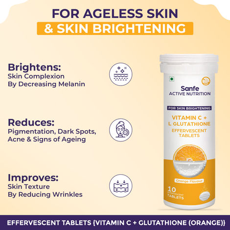 Sanfe Effervescent Tablets - Vitamin C + L Glutathione | Active Nutrition  For Skin Brightening | Clear & Glowing Skin | 10 Tablets
