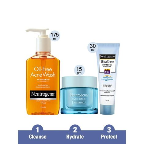 Buy Neutrogena Oil Free Acne Wash - 175 ml & Neutrogena Hydro Boost Water Gel - Mini (15gm) & Neutrogena Ultra Sheer Spf 50 Cream - 30 ml-Purplle