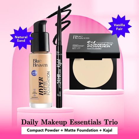 Buy Blue Heaven Daily Makeup Essentials Trio 1 (Compact Powder- Vanilla Fair, Matte Foundation -103 Natural Sand, Stay Kajal- Black) (8 g + 30 ml + 0.30 gm)-Purplle