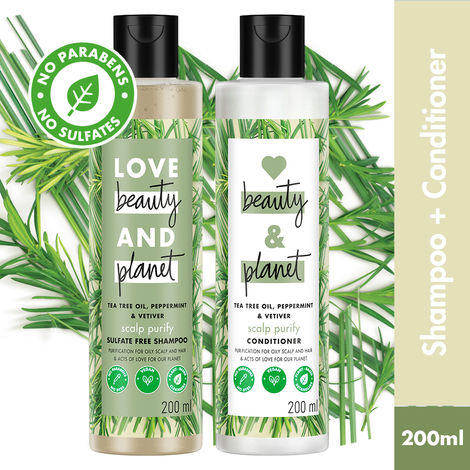 Buy Love Beauty & Planet Tea Tree Peppermint & Vetiver Sulfate Free Purifying Shampoo & Conditioner (200 ml + 200 ml)-Purplle