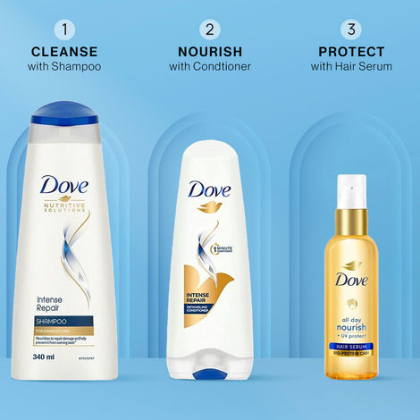 Buy Dove Intense Repair Cleanse, Nourish & Protect Combo : Shampoo (340 ml) +Conditioner (175 ml) + Hair serum (48 ml)-Purplle