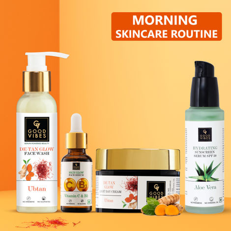 Buy Good Vibes Morning CSMS Routine | Ubtan De Tan Glow Face Wash (120 ml) + Vitamin C & B3 Skin Glow Face Serum (10 ml) + Ubtan De-tan Glow Light Day Cream (50 gm) + Aloe Vera Hydrating Sunscreen Serum SPF50 (45 ml)-Purplle