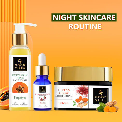 Buy Good Vibes Hydrating Night Care Routine | Papaya Brightening Face Wash (120 ml) + Rosehip Hydrating Glow Face Serum (10 ml) + Ubtan De-Tan Glow Night Cream (50 gm)-Purplle