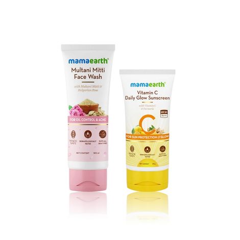 Buy Mamaearth Radiant Skin Care Duo: Multani Mitti Face Wash + Vitamin C Sunscreen (100 ml + 50 gm)-Purplle