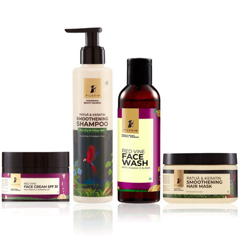 Buy Pilgrim Daily Essential Combo 2 (Pilgrim Patua & Keratin Hair Smoothening Shampoo (200 ml) + Pilgrim Patua & Keratin Smoothening Hair Mask (200 ml) + Pilgrim Red Vine Face Wash (100 ml) + Pilgrim Red Vine Face Cream SPF 30 (50 gm)-Purplle