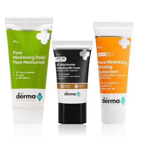 Buy The Derma co. Radiant Glow Combo (Pore Minimizing Priming Sunscreen-50 gm + Pore Minimizing Daily Face Moisturizer-50 gm + 2% Niacinamide Hydrating BB Cream)-Purplle