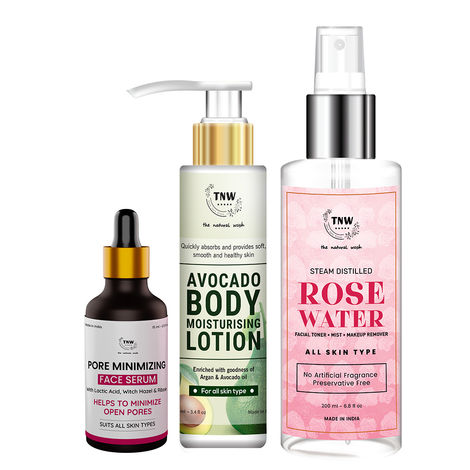 Buy Combo of 3- Body Lotion Avocado 100ml & Rose Water Spray 200ml & Pore Minimizing Face Serum15ml-Purplle