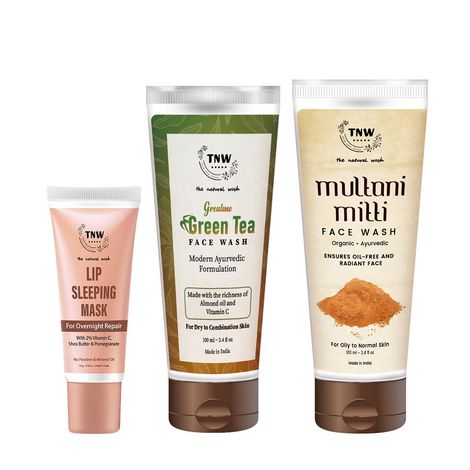 Buy Combo of 3- Green Tea Face Wash 100ml + Lip Sleeping Mask 10g + Multani Mitti Face Wash 100ml-Purplle