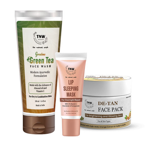 Buy Combo of 3- Green Tea Face Wash 100ml + De Tan Pack 50gm + Lip Sleeping Mask 10g-Purplle