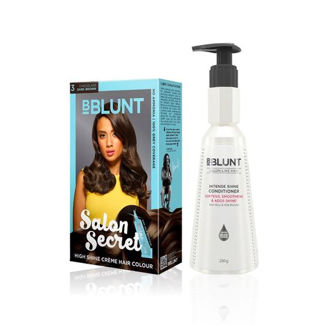 Buy BBLUNT Salon Secret High Shine Creme Hair Colour - Chocolate Dark Brown 3. No Ammonia  ( 100 g+8 ml)+BBLUNT Intense Shine Shampoo with Rice & Silk Protein for 23X* Shinier Hair - 300 ml-Purplle