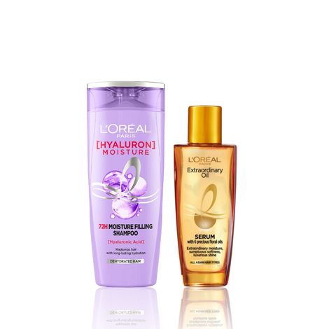 Buy L'Oreal Paris Ultimate Hair Moisture and Shine Duo 1 (Hyaluron Moisture 72H Moisture Shampoo (180 ml), Extraordinary Oil Serum (30 ml))-Purplle