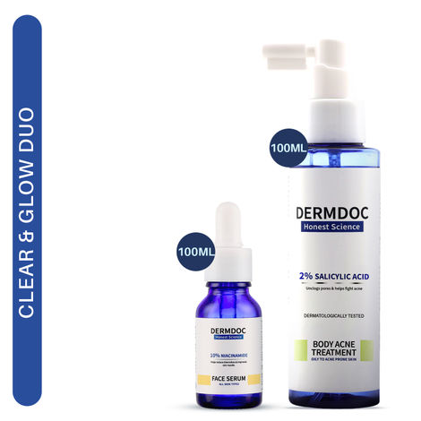 Buy DERMDOC Clear & Glow Duo | DERMDOC by Purplle 10% Niacinamide Face Serum (15 ml) | DERMDOC by Purplle 2% Salicylic Acid Body Acne Treatment Spray (100 ml)-Purplle