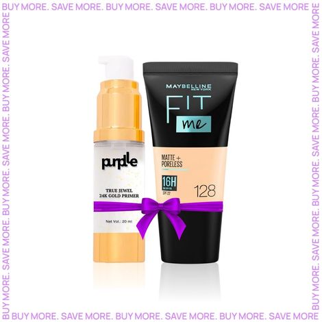 Buy Maybelline New York Fit Me Matte+Poreless Liquid Foundation Tube, 128 Warm Nude, 18ml + Purplle True Jewel 24K Gold Primer - (20 ml)-Purplle