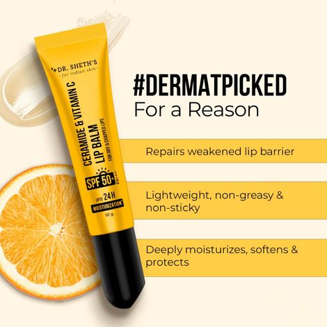 Dr. Sheth's Ceramide & Vitamin C Lip Balm | 24H Moisturization | Heals Dry  & Chapped Lips | Sun Protection with SPF 50+ PA+++ | 10 gm