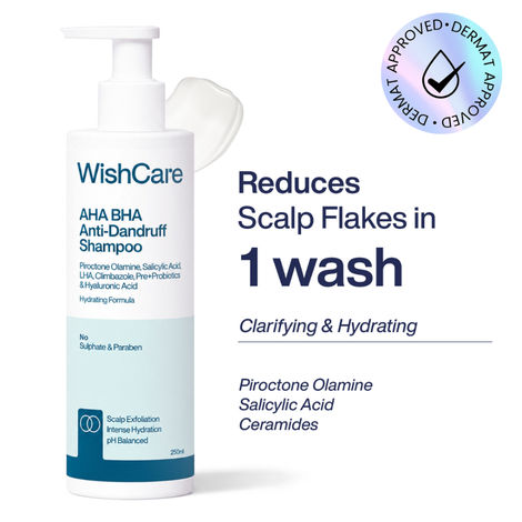 Buy WishCare Hydrating AHA BHA Anti Dandruff Shampoo|Reduces Flakes & Itchiness|100% Dandruff Reduction|Dermat Approved Non-Drying Shampoo|Sulphate, Silicone & Paraben Free Shampoo for Women & Men|250 ml-Purplle