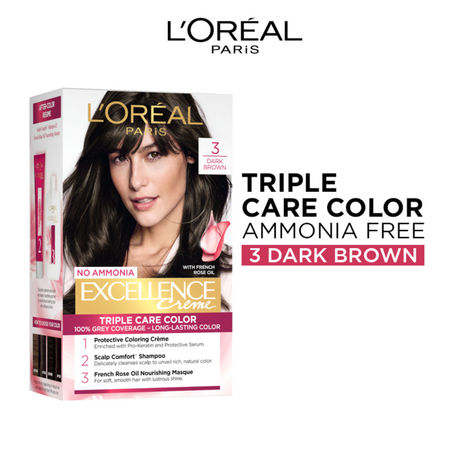 Buy L'Oreal Paris Permanent Hair Colour, Radiant At-Home Hair Colour with up to 100% Grey Coverage, Pro-Keratin, Up to 8 Weeks of Colour, Excellence Creme, 3 Darkest Brown, 72 ml + 100 gm-Purplle
