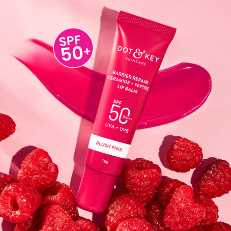 Buy Dot & Key Barrier Repair Ceramide & Peptide Lip Balm SPF 50, PA+++ | Plush Pink Non Sticky Tinted Lip Balm for Smooth, Healthy & Plump Lips | 10 gm-Purplle