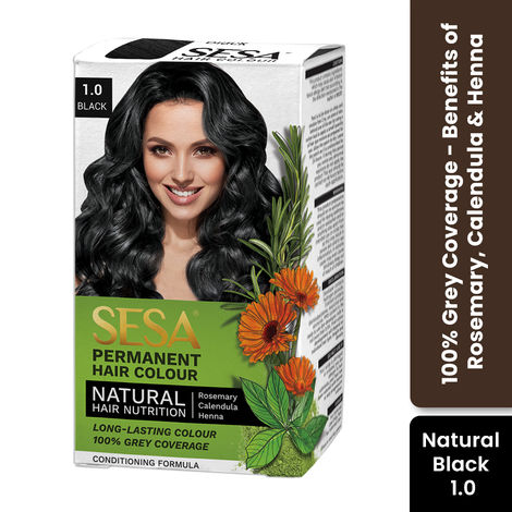 Buy SESA Natural Black Hair Colour For Women and Men Long Lasting Natural Shiny Smooth Hair with Rosemary, Calendula and Heena, 100% Grey Coverage - (Black 1.0) 118 ml-Purplle