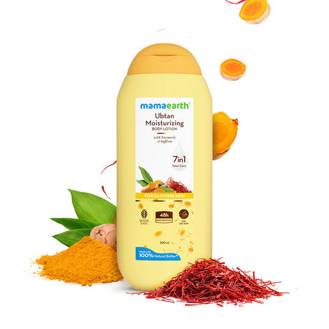 Buy Mamaearth Ubtan Moisturizing Body Lotion with Turmeric & Saffron for Glowing Skin 200 ml | 48H Moisturization | Nourishes Dry Skin | 7in1 Total Care | 100% Natural Butter | Non-Greasy Smooth Skin-Purplle