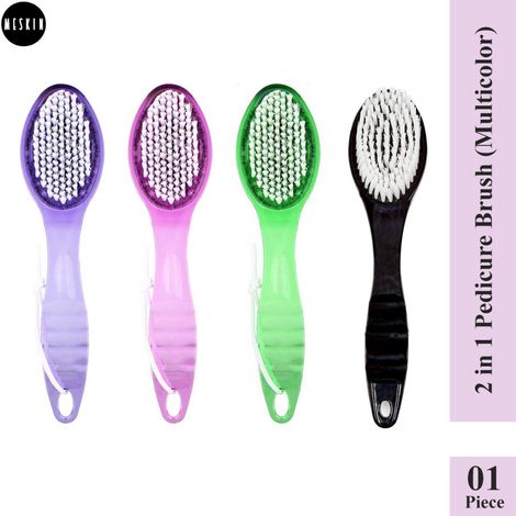 Buy MeSkin 2-in-1 Paddle Brush with Foot Scrubber and Handle, Including Pumice Stone (Assorted Color, Pack of 1)-Purplle