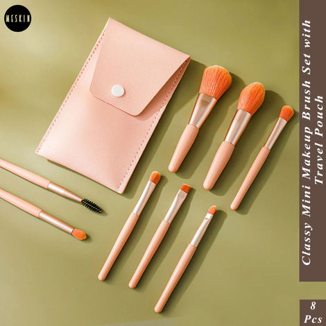 Buy MeSkin Eight pcs Classy Mini Makeup Brush Set with Storage Pouch (Available in asorted colors) Pack of 8-Purplle