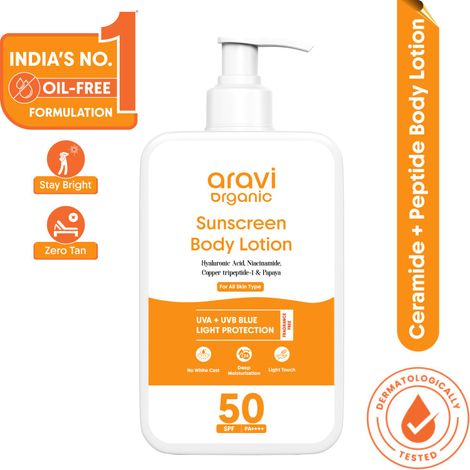 Buy Aravi Organic SPF 50 Sunscreen Body Lotion Light with No White Cast - With PA+++ UVA - UVB protection - Enriched With Niacinamide & Vitamin E - Hydration & Skin Repair - For All Skin Types - 200 ml-Purplle