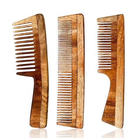 Buy Nat Habit Oil Treated Kacchi Neem Handmade Wooden Comb - Dual + Wide + Fine Tooth Combo - Combo of 3-Purplle