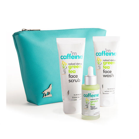 Buy mCaffeine Green Tea Face Purifying Kit with Free Teal Pouch | Gentle Face Wash, Exfoliating Face Scrub and Hydrating Face Serum Combo | Pack of 3 240 gm-Purplle