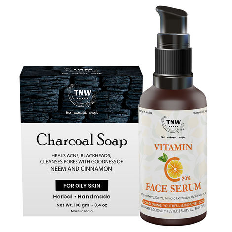 Buy TNW-THE NATURAL WASH Vitamin C Face Serum|Skin Clearing Serum, Face Brightening Anti-Aging Serum & Handmade Charcoal Bath Soap Deep Cleansing Remove Dirt & Impuritities with Anti-Pollution Effect Combo of 2-Purplle