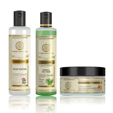 Buy Khadi Natural Acne & Pimple Skin Care Combo (Neem & Teatree Face Wash 210 ml | Rose & Papaya Scrub 50g | Rose Water Toner 210 ml)-Purplle