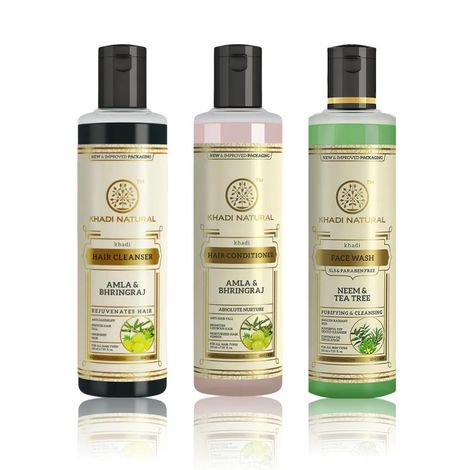 Buy Khadi Natural Bath Essential Combo 1 (A mla & Bhringraj Cleanser 210 ml | A mla & Bhringraj Conditioner 210 ml | Neem & Teatree Face Wash 210 ml)-Purplle