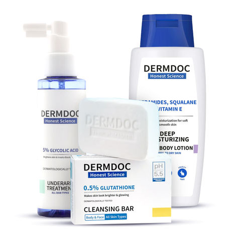 DERMDOC by Purplle Body Brightening Combo Kit with 5% Glycolic Acid Under  Arm Treatment (100ml) | 0.5% Glutathione Cleansing Bar (75gm)