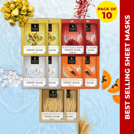 Buy Good Vibes Natural Glow Sheet Mask Pack of 10 (2 each Saffron Glow + Illuminating Pearl + Skin Radiance Gold + Rice Brightenting + Hydrating Papaya) (20g x 10)-Purplle