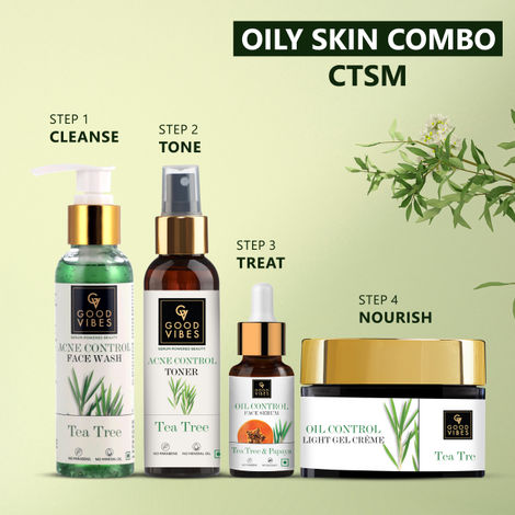 Buy Good Vibes Power of Tea Tree Combo | Face Wash (120 ml) + Cleansing Toner (120 ml) + Face Serum (10 ml) +  Light Gel Creme (50 g) | Oil Control, Anti- Acne - Combo of 4-Purplle