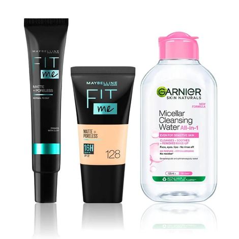 Buy Maybelline New York and Garnier Makeup essentials 1 (Maybelline New York Fit me Primer (30ml) + Maybelline New York Fit Me Liquid Foundation Tube, 128 Warm Nude, 18ml + Garnier Skin Naturals Micellar Cleansing Water All in 1 (125 ml))-Purplle