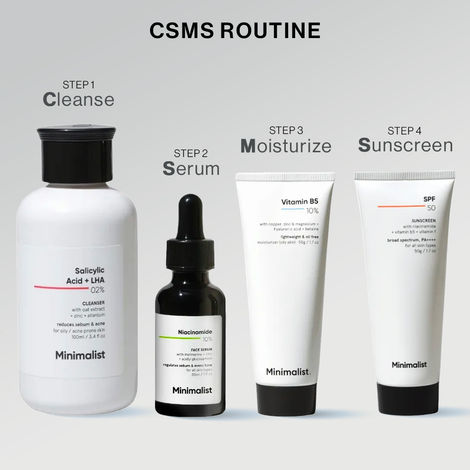 Buy Minimalist CSMS Combo: Face Wash (100ml) + Serum(30ml) + Moisturizer (50g) + Sunscreen (50ml)-Purplle