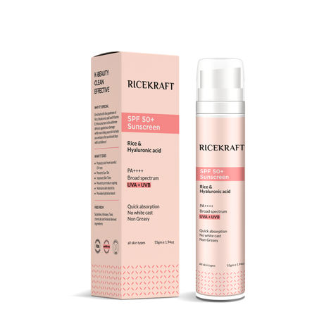 Buy Ricekraft SPF 50+ Korean Sunscreen with Rice & Hyaluronic Acid for Broad Spectrum, PA++++ Protection | Light weight | Quick absorption, No White Cast and Non Greasy | Fragrance Free | For Oily, Dry, Combination, Acne Prone Skin | 55 gm-Purplle