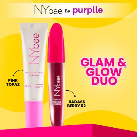 Buy NY BAE Glow & Glam Duo (18.5 gm) | Strobe Cream - Pink Topaz | Glowing Korean Skin | Velvet Mousse Lipstick - Badass Berry 02 | Transferproof & Smudgeproof Lipstick | Makeup Kit - Combo of 2-Purplle