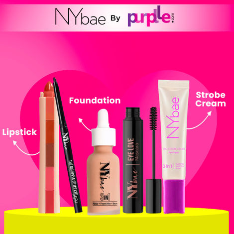 Buy NY Bae Bestsellers Kit | Medium Skin | Strobe Cream -Pink Topaz (12 gm)| Glowy Serum Foundation (30 ml)| Lip Crayon - Nude pink and brown shades(6.5 gm) | Black Kajal(0.30 gm) | Volume Mascara (8 ml)| Highligher | Everyday Glowy Makeup-Purplle