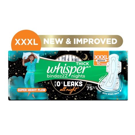 Buy Whisper Bindazzz Nights 10 XXXL Sanitary Pads, Upto 0% Leaks All Night Long-Purplle