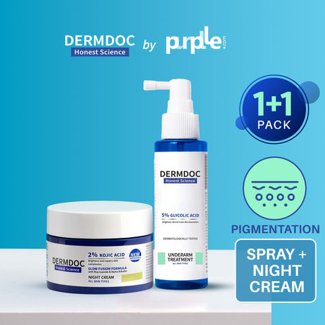 Buy DERMDOC Combo Kit Brighten Up Combo | 2% Kojic Acid Glow Fusion Formula Night Cream (50 gm) & 5% Glycolic Acid Underarm Spray (100 ml)-Purplle