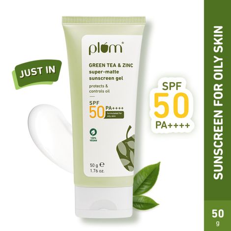 Buy Plum Green Tea & Zinc Super-Matte Sunscreen Gel | SPF 50 PA ++++, Formulated For Oily Skin | Protects & Controls Oil | Lightweight Gel Texture | No White Cast & Non-sticky | With Hybrid Filters |Fragrance-Free | 100% Vegan | 50 gm-Purplle